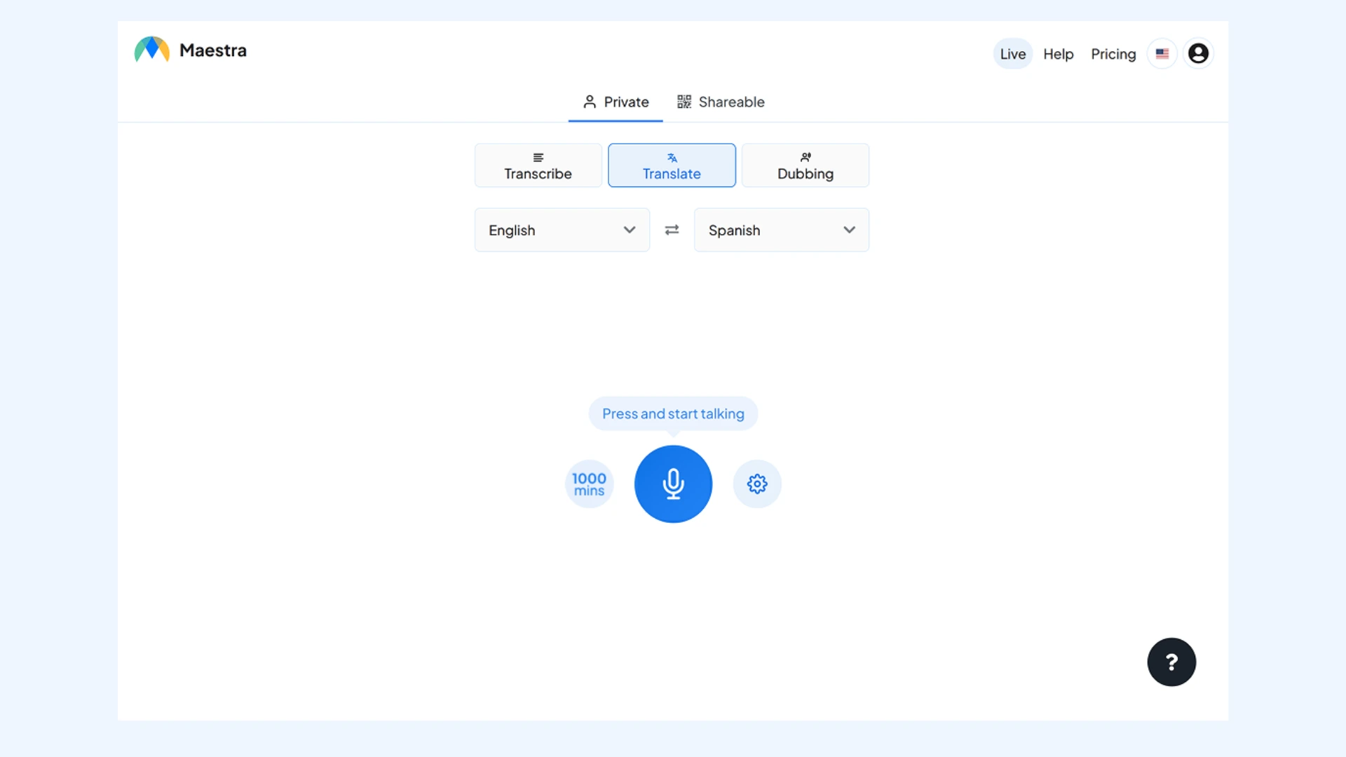 Maestraのライブ英語からスペイン語への翻訳インターフェース。